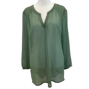 Merona Sheer V-Neck Green Blouse Top Long Sleeves Size Large